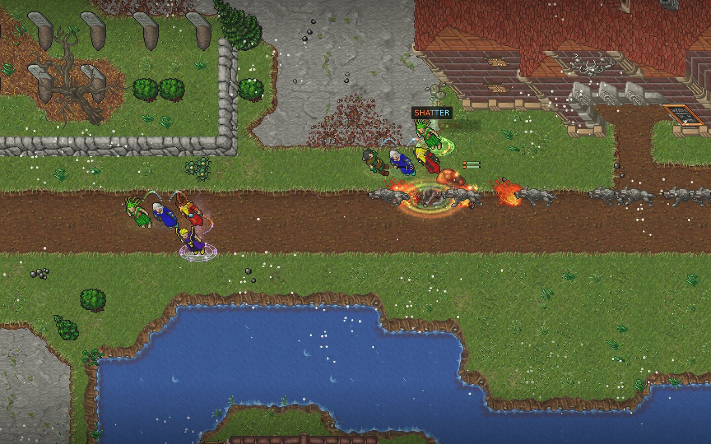 The farm road under snow, towers firing into a column of enemies.